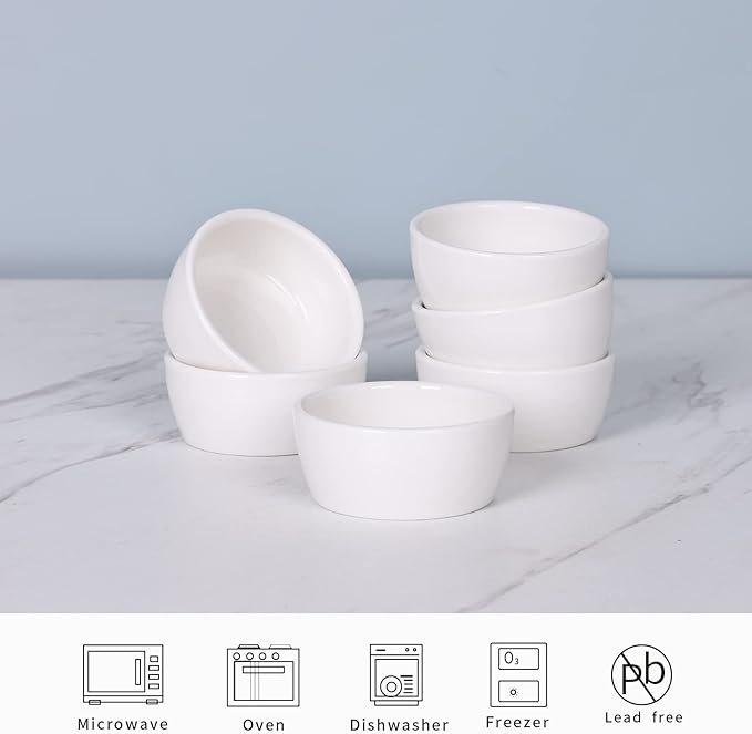 HAOTOP Mini Ramekins 1.5 oz Set of 6,Small Ceramics Souffle Dish, Exactly Designed for Dipping Sauce, Ketchup, Salsa and Jams, 45ml White