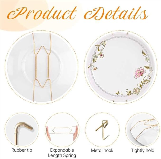 Bilillo 6 Pieces Invisible Heavy Duty Plate Holder, Stainless Steel Plate Hangers for The Wall, Plate Hangers for Display with Wall Hooks, Suitable for 4-5 inch Decorative Plates and Arts (Gold)