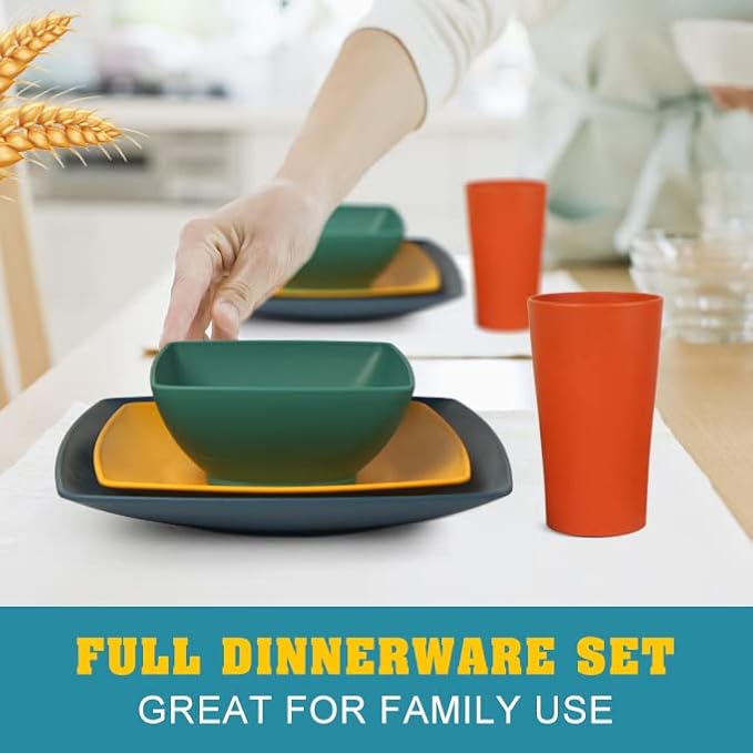Teivio 32-piece Plastic Wheat Straw Square Dinnerware Set for 8, Unbreakable Dinner Plates, Salad Plates, Snack Bowls, Tumblers 13.5 oz, Dishwasher Safe, Autumn Multicolor