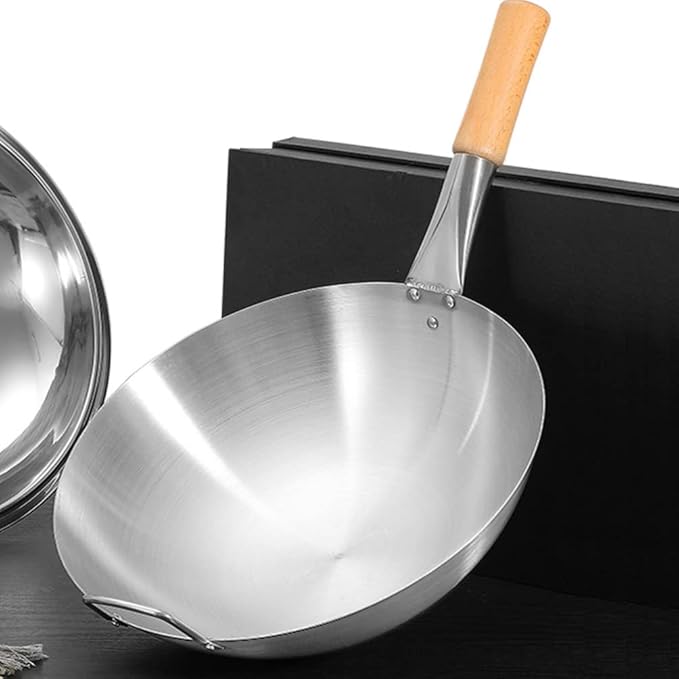Wok Pan Stainless Steel Stir Fry Pans Wok Frying Wok Pan Induction Stove Wok with Wood Handle Cooking Skillet Cookware for Gas Induction or Electric Stove Wok