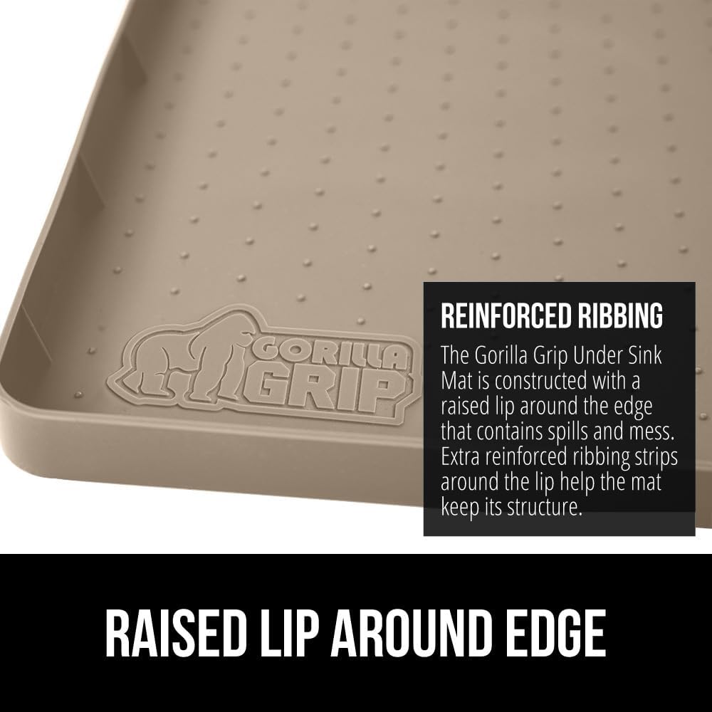 GORILLA GRIP Waterproof Silicone Under Sink Mat with Raised Lip for Kitchen and Bathroom, Cabinet Shelf Liner Stay in Place Mats Dishwasher Safe Drawer Liner, Organizer Tray, 19 x 22 in, Beige