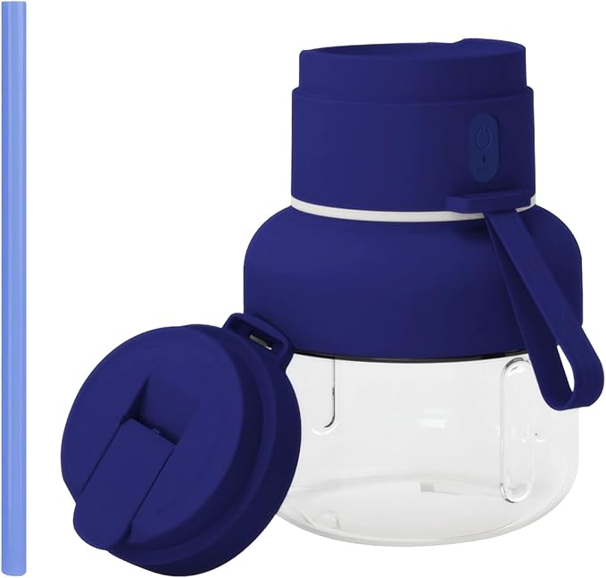 Electric Juicer, Portable Blender With 12-Vane, Blue, Double Cap Lid And Straw, 1500Mah Usb-C Rechargeable, 850 Ml