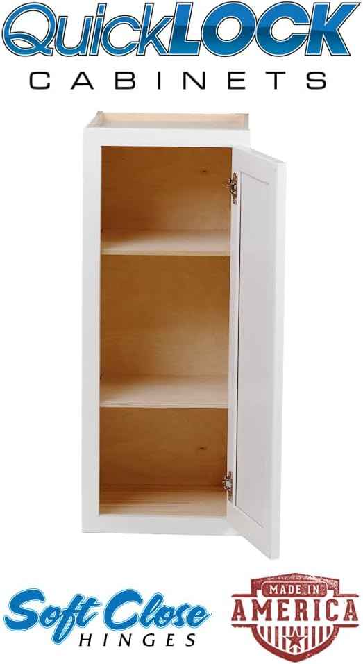 Quicklock RTA (Ready-to-Assemble) 42" Tall Wall Kitchen Cabinets - Shaker Style | 100% Hardwood | Made in America | Soft Close Hardware (Pure White, 12" D x 18" W x 42" H)
