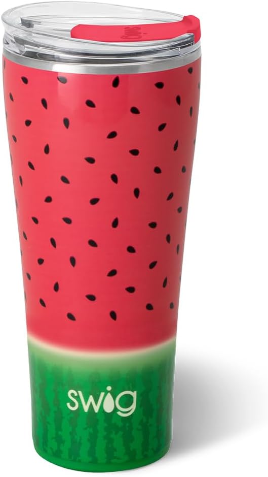 Swig Life 32oz Insulated Tumbler, Travel Coffee Tumbler with Lid, Cup Holder Friendly Travel Coffee Mug, Stainless Steel, 32 oz, Reusable Insulated Mug with Lid (Melon Slice)