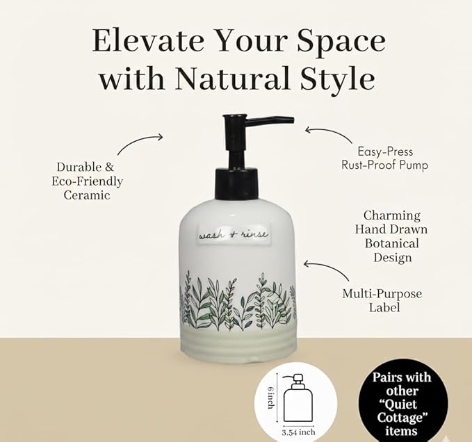 Young's Inc Quiet Cottage Ceramic Soap and Lotion Dispenser, Farmhouse Botanical Kitchen Sink Soap Pump, Rustic Cottagecore Bathroom Countertop Soap Dispenser Bottle, 6.7 Inch
