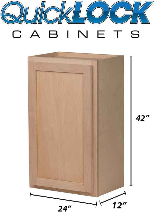 Quicklock RTA (Ready-to-Assemble) 42" Tall Wall Kitchen Cabinets - Shaker Style | 100% Hardwood | Made in America | Soft Close Hardware (Raw Maple, 12" D x 24" W x 42" H)