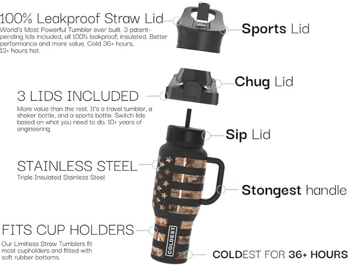 Coldest Tumbler with Handle and Straw - 100% Spill Proof Tumbler with Straw (3 Lids) - Stainless Steel Insulated Leakproof Tumblers for Women & Men - 36 oz (Almond Blossom)