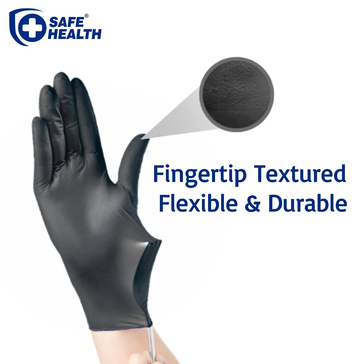 Safe Health Nitrile Black Disposable Gloves, Latex Free, Powder Free, Case of 1000, XS, Textured, 3.5 mil, Industrial, Tattoo, Salon, Hair, Auto, Car, Cleaning, Food, Cooking