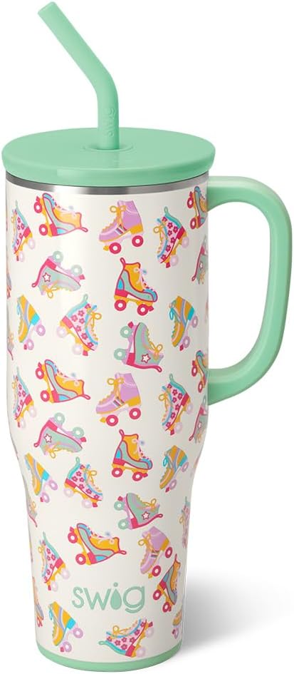 Swig Life 40oz Mega Mug, 40 oz Tumbler with Handle and Straw, Cup Holder Friendly, Dishwasher Safe, Extra Large Insulated Tumbler, Stainless Steel (Roller Rink)