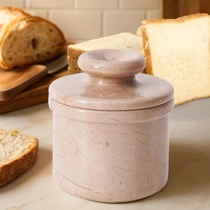 Marble Butter Keeper French Butter Dish Crock with Lid Handcrafted Beige Marble