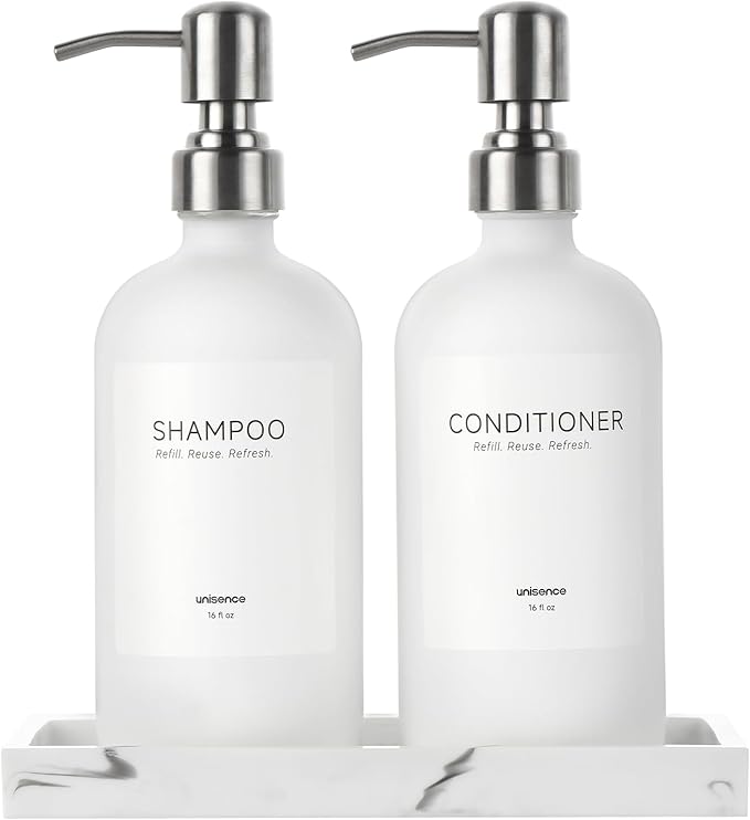 White Glass Soap Dispenser Set for Kitchen, Hand and Dish Soap Dispenser with Stainless Steel Pump & Resin Tray, Perfect for Kitchen,Hotel Rental-Modern Soap Dispenser Decor for Kitchen