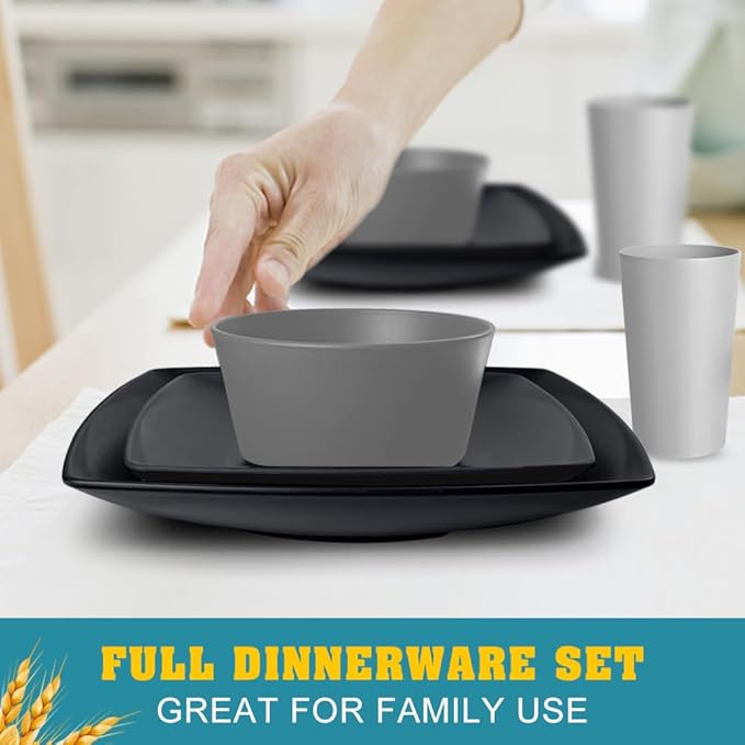Teivio 32-Piece Kitchen Plastic Wheat Straw Squircle Dinnerware Set for 8, Unbreakable Dinner Plates, Salad Plates, Square Cereal Bowls, Cups 13.5 oz, Dishwasher Safe,Gray Ombre