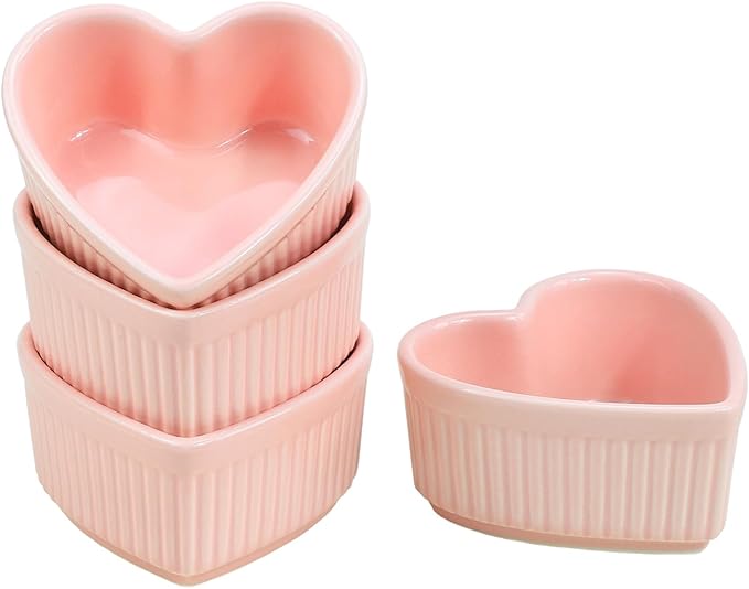 Sizikato Heart-Shaped Porcelain Souffle Dishes, Ramekins - 3.5 Inches for Souffle, Creme Brulee and Dipping Sauces - Set of 4