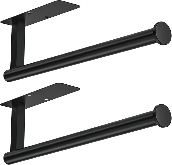 ASTOFLI Paper Towel Holder Under Cabinet No Drilling, Self Adhesive Paper Towel Holder Wall Mount for Kitchen Rack, Under Counter Napin Holder No Drill, RV, 304 Stainless Steel, Matte Black 2 Pack