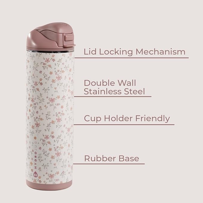 HydroJug Ease2o Water Bottle with Straw & Chug Lid, Stainless Steel, Vented Cap to Help Reduce Pressure, Water-Level Window, Cup Holder Friendly, Non-Slip Base – 24oz, Magnolia