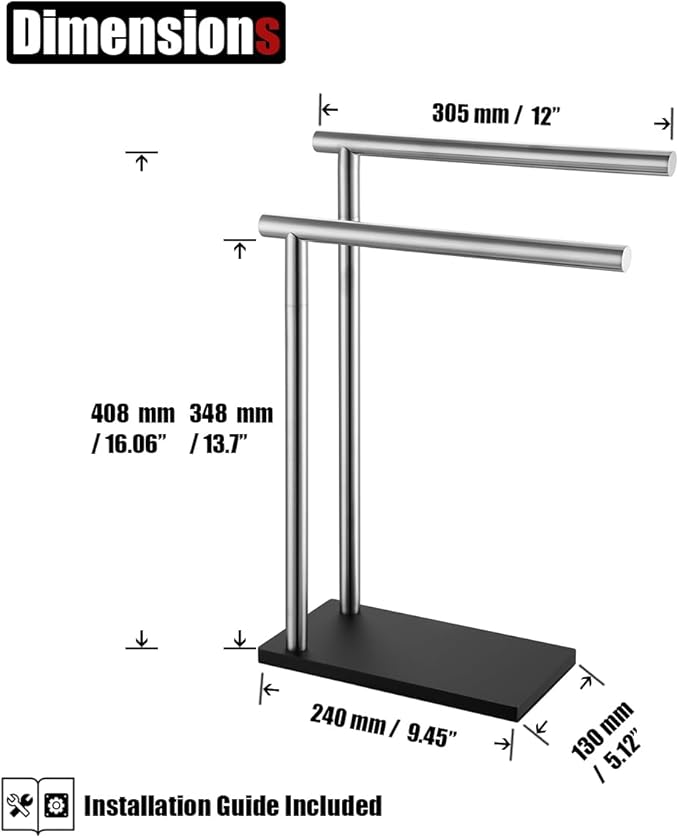 JQK Hand Towel Holder Stand Brushed, Modern Tree Rack Free Standing for Countertop with 12 Inch 2 Bars, 304 Stainless Steel Nickel, HTT172-BN