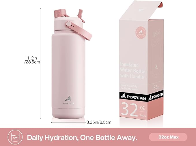POWCAN 40 oz Insulated Water Bottle with 2-in-1 Straw and Spout Lid, Keep Cold 24H, Leak-Proof, BPA-Free, Double Wall Stainless Steel Water Bottle for Sports, Gym, Travel, Gift, Holiday (Rosy Bouquet)