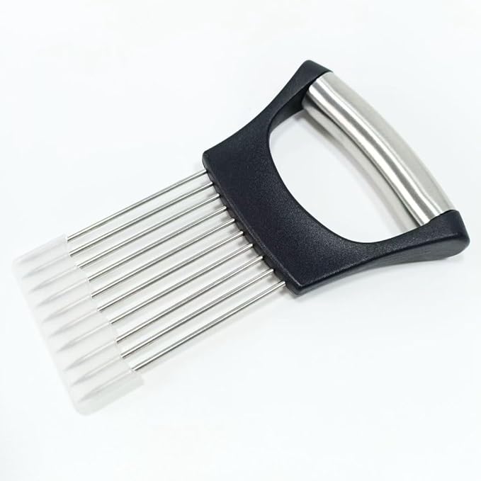 2Pcs onion slicer， Kitchen Prong Slicer for Vegetables and Meat, Stainless Steel Tines with Safety Handle, Black (2)