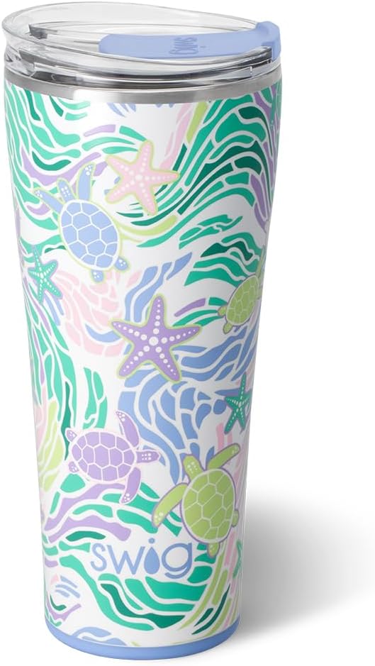 Swig Life 32oz Insulated Tumbler, Travel Coffee Tumbler with Lid, Cup Holder Friendly Travel Coffee Mug, Stainless Steel, 32 oz, Reusable Insulated Mug with Lid (Sea Swirl)
