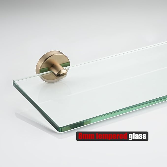 JQK Bathroom Glass Shelf, Tempered Glass Shower Storage 12 by 5 inches, 304 Stainless Steel Champagne Bronze Wall Mount 2 Pack, TGS101L12-CB-P2