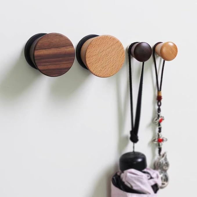 2 PCS Retro Magnetic Hooks, Wrought Iron Wooden Ball Hooks, Creative Punch-Free Storage for Refrigerators, Metal Doors, and Lockers (Beech Wood,L)