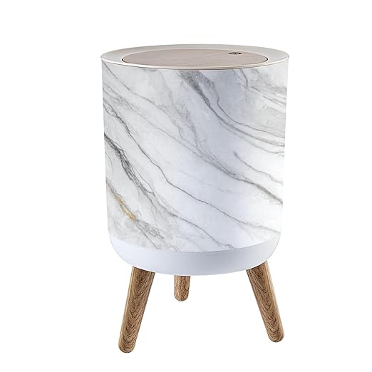 Trash Can with Lid Marble Texture Abstract Press Top Round Small Garbage Bin with Wooden Legs Waste Basket for Kitchen Bedroom Nursery 7L/1.8 Gallon