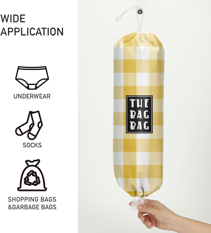 Plastic Bag Holder,Reusable And Washable Grocery Bag organizer,for Home Kitchen Travelling Camping Decor, use 1 Pack, Yellow And White Checkerboard Pattern