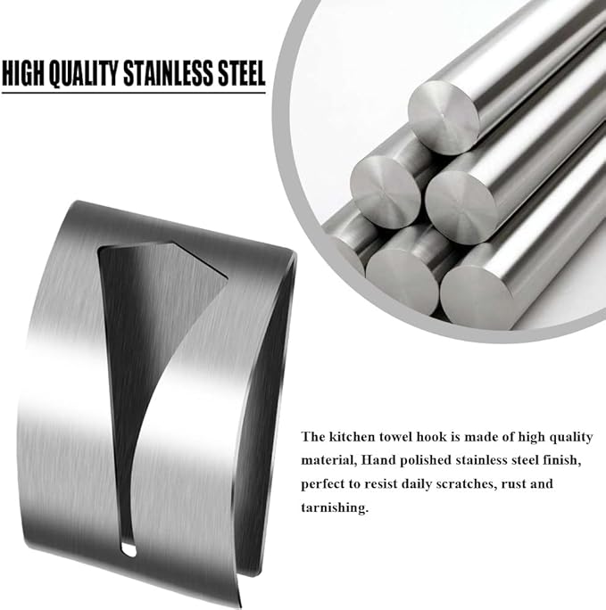 Towel Hook Holder Grabber Self Adhesive Stainless Steel Kitchen Dish Towel Holder Rack Wall Mount Towel Hangers Tea Towel Holder for Bathroom Kitchen, Non-Drilling