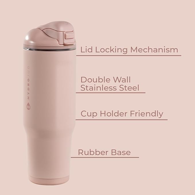 HydroJug Ease2o Water Bottle with Straw & Chug Lid, Stainless Steel, Vented Cap to Help Reduce Pressure, Water-Level Window, Cup Holder Friendly, Non-Slip Base – 40oz, Dusty Rose