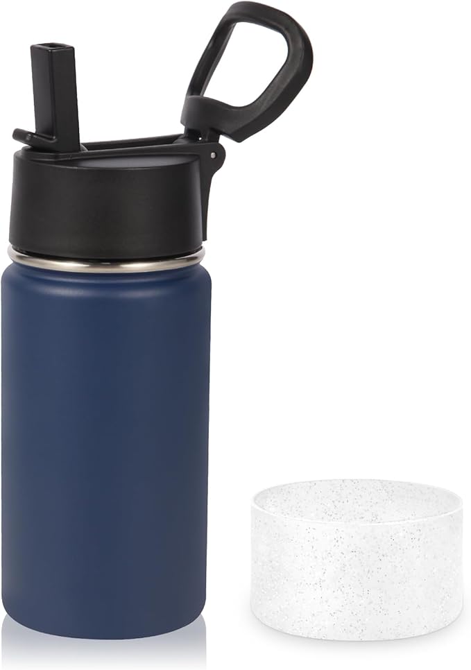 Volhoply 14oz KIds Stainless Steel Insulated Leakproof Water Bottle with Straw Lid and Silicone Boot,BPA-Free Easy Use for Boys&Girls,Double Wall Vacuum Bottles(Navy,1)