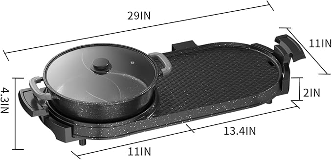 AORAN Electric Grill and Hot Pot Combo for Indoor Cooking, 2200W Detachable Dual Zone BBQ Griddle with Removable Split Pan, Non-Stick Surface, 29x11 Inch Family Size, Includes Grill Tools & Oil Paper