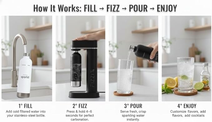 Fizzit Sparkli Carbonated Soda Maker with 1L Stainless Steel Bottle | Customizable Carbonation | Soda Streaming Fizzy Water Machine | Luxury Bubbles, Dishwasher Safe & Eco-Friendly Reusable Bottle