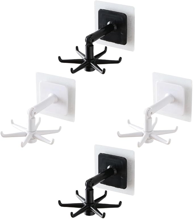 Healifty 4pcs Rotatable Kitchen Utensil Hooks Wall Hangers, Adhesive Under Cabinet Hook Set in Black and White, 360-degree Swivel Storage for Kitchen Organization and Easy Access