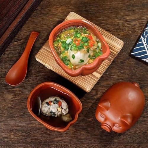 Ceramic Cooking with Lid small Heat Resistant Compatible Earthen Ceramic Cooking Pot Unglazed for Cooking, Rice Meat Soup Family Meals with Tray, spoon(15.5 * 12 * 12cm)