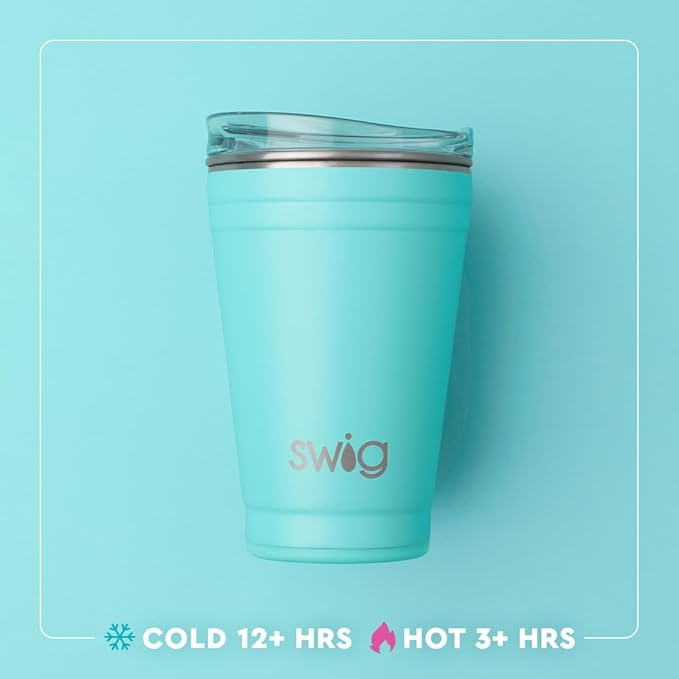 Swig Life 18oz Party Cup, Stackable Insulated Travel Coffee Tumbler with EZ Slider Lid, Cup Holder Friendly Travel Bottles, Stainless Steel 18 oz Tumbler, Reusable Coffee Mug (Miss Independence)