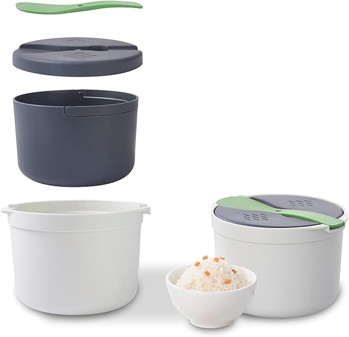 Microwave Rice Cooker Steamer, Microwave Rice Cooker 2 Cup, Microwave Pasta Cooker with Strainer, 2 L Microwave Cookware Set for Rice, Pasta, Vegetables, Quinoa, Oatmeal, Ramen Non stick (green)