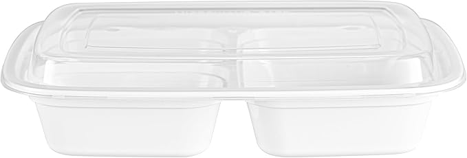 Asporto 26 Ounce Compartment Take Out Boxes, 50 Microwavable Meal Prep Containers - 3 Compartments, With Clear Plastic Lids, White Plastic Food Containers, Do Not Contain BPA - Restaurantware