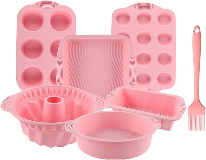 Acidea Nonstick Silicone Bakeware Set, 7pcs Baking Cake Pan, Economical BPA Free Heat Resistant Bakeware Suppliers Tools Kit with Silicone Brush for DIY Loaf Bread Cheesecake Pizza Cupcake Muffin