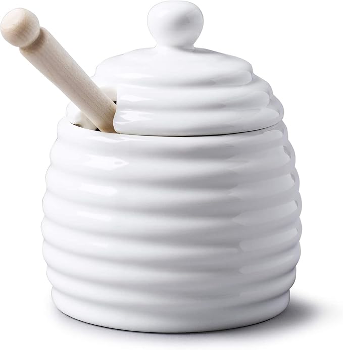 Traditional Porcelain Honey Pot Jar with Beech Wood Drizzler, Dipper – Honey Bee Hive Shaped Storage Pot with Lid, Perfect for Honey and Maple Syrup, 11cm – White