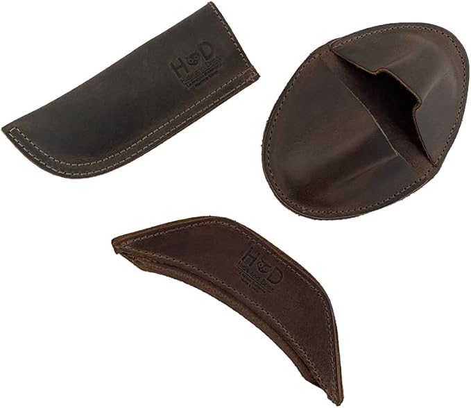 Hide & Drink, Set of 3 Rustic Hot Handle Holders, Panhandle, Side Kick & Grip Mitt, Assist Grip for Cast Iron Skillets & Pans, Full Grain Leather, Handmade, Bourbon Brown