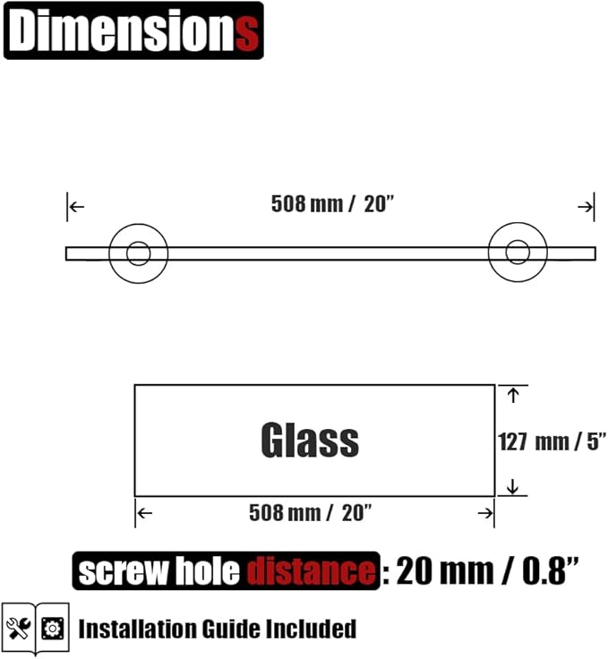 JQK Bathroom Glass Shelf, Tempered Glass Shower Storage 20 by 5 inches, 304 Stainless Steel Champagne Bronze Wall Mount, 2 Pack, TGS101L20-CB-P2