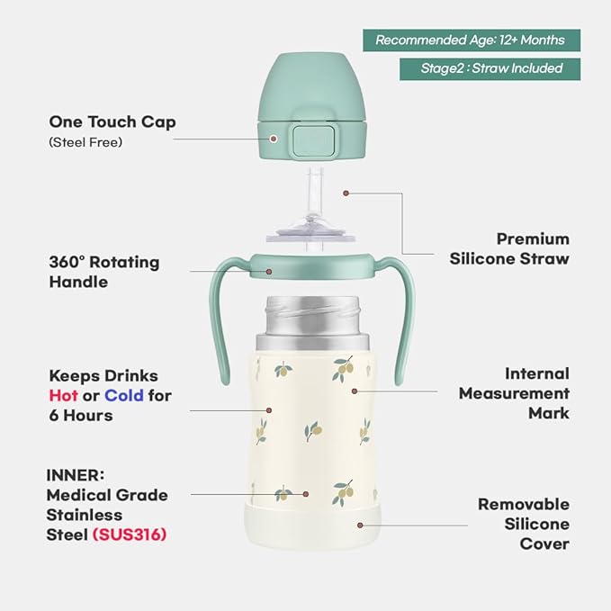GROSMIMI Insulated 316 Stainless Steel Spill Proof Straw Cup, Water bottle with Flip Top for Toddlers, BPA Free (peach flower, 6oz)