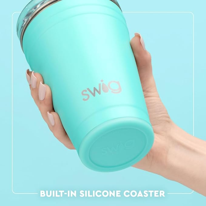 Swig Life 18oz Party Cup, Stackable Insulated Travel Coffee Tumbler with EZ Slider Lid, Cup Holder Friendly Travel Bottles, Stainless Steel 18 oz Tumbler, Reusable Coffee Mug (Blue Lagoon)