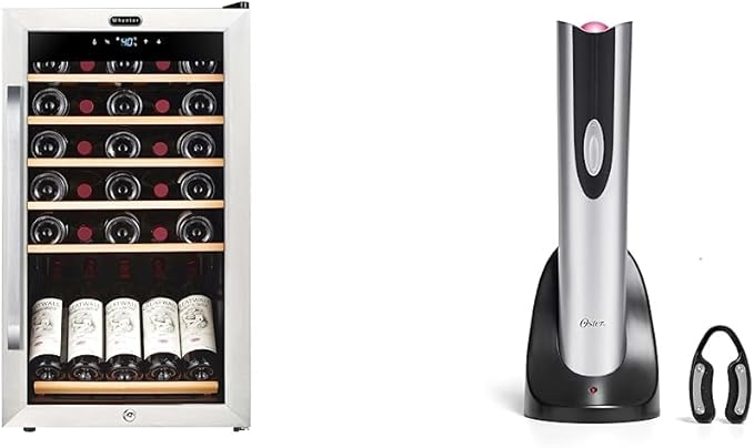 Whynter FWC-341TS 34 Bottle Freestanding Stainless Steel Wine Refrigerator with Display Shelf and Digital Control & Oster Electric Wine Opener and Foil Cutter Kit with CorkScrew and Charging Base