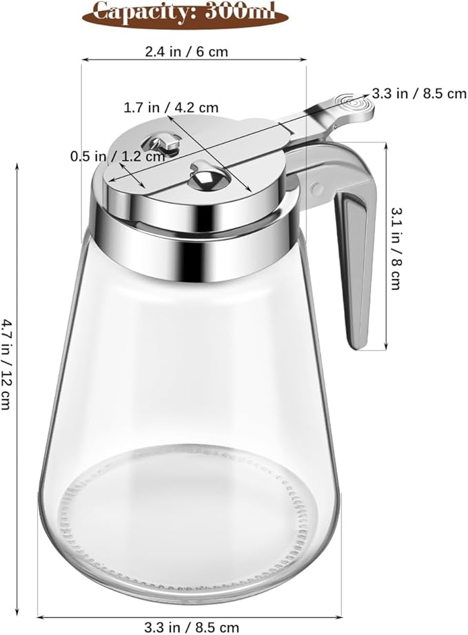 Luxshiny Glass Syrup Dispenser Set 2-Pack with Leak-Proof Metal Lids 10Oz Each for Honey Sugar Creamer and Condiments Kitchen Serving Bottles