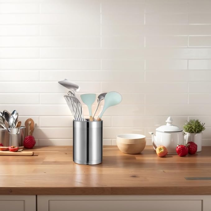 KSENDALO Utensil Crock Set, 6.6inch Cooking Utensil Holder Stainless Steel Container for Kitchen Counter,Metal Kitchen Spoon Spatula Cutlery Tool Holder Organizer, Silver (6 Pack)