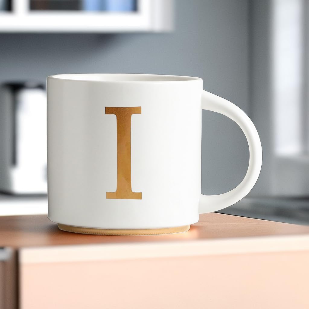 COLLECTIVE HOME - Monogram Ceramic Mugs, 15 oz Golden Initial Coffee Cups, Elegant Alphabet Tea Mugs, Elegant Personalized Mug with Gift Box, Unique Mug with Double Side Capital Letter (I)