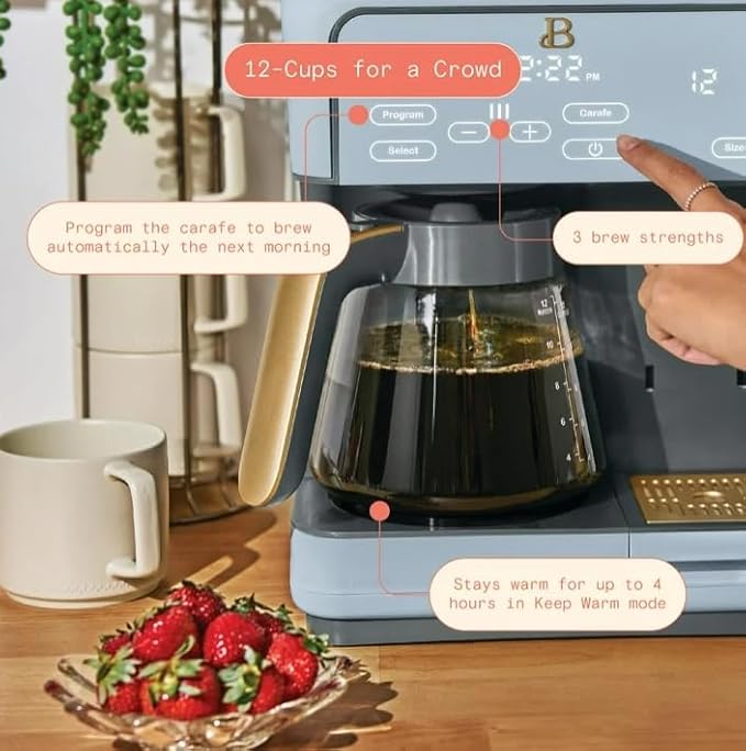 Beauti Multi Brew 12 Cup Programmable Drip & Single Serve Coffee Maker, Versatile Brewing (6oz, 8oz, 10oz, 12oz, 14oz), Pods or Ground, Over Ice option, Keep Warm mode (Cornflower Blue)