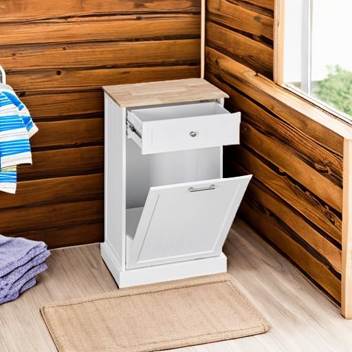 HOMCOM 10 Gallon Tilt Out Trash Cabinet, Wooden Hidden Trash Can with Storage Drawer for Kitchen, Laundry Hamper Cabinet for Bathroom, White