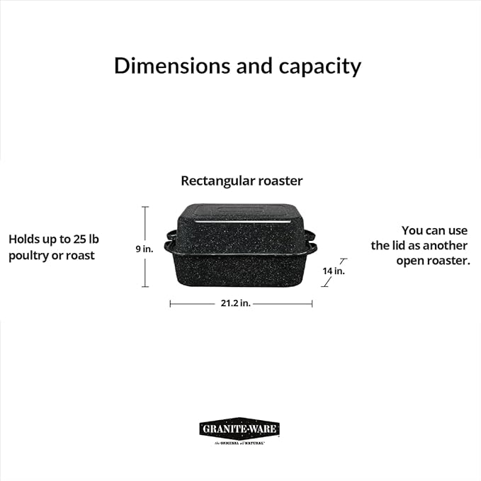 Granite Ware 19-Inch Covered Rectangular Roaster - Enamel Steel Cookware, Nonstick & Chemical-Free, Dishwasher Safe - 25 Lb Capacity, Large Roasting Pan for Meats, Poultry, Vegetables (Speckled Black)